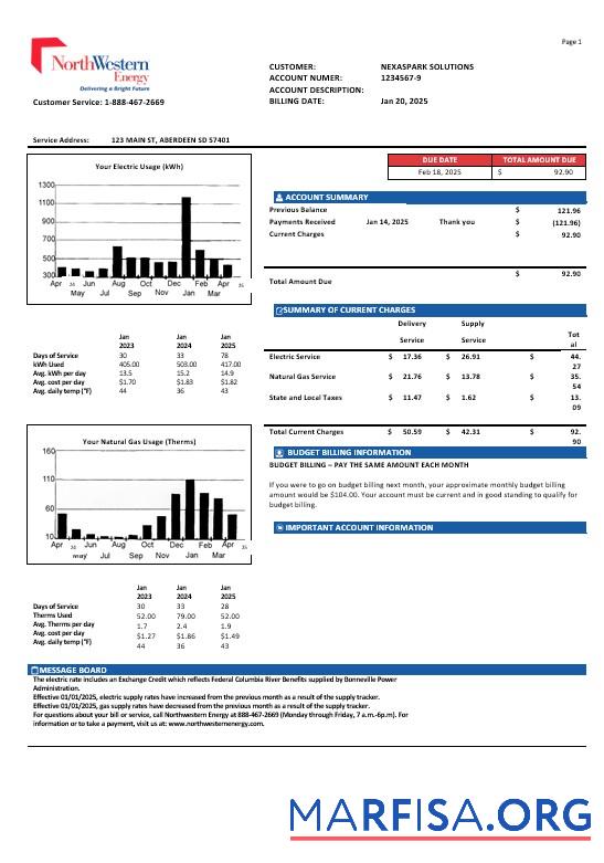 Blank USA NorthWestern Energy business utility bill template in Word and PDF formats, version 1